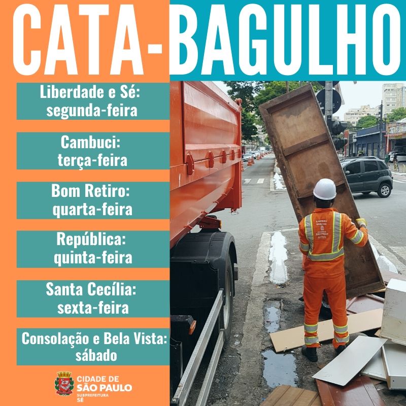 Arte colorida com dias da semana e nome dos distritos contemplados pelo Cata-Bagulho